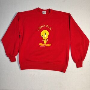 Vintage 90s Looney Tunes Sweatshirt Large Red Cotton Tweety Bird Made in USA